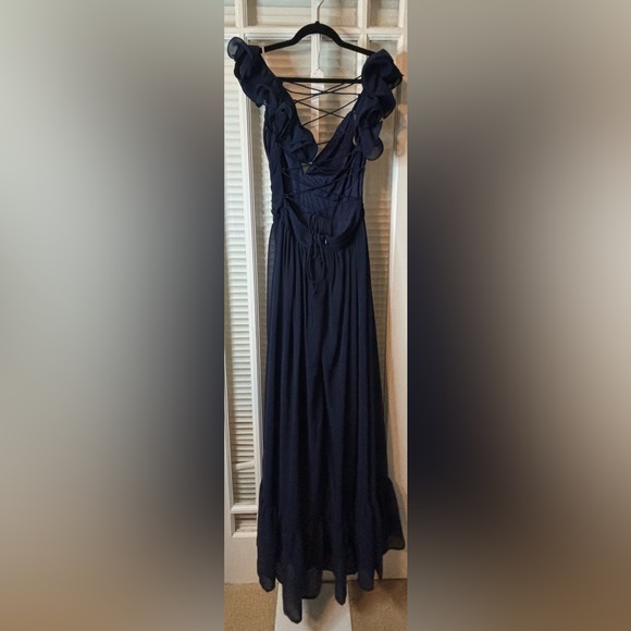 Lulu’s Navy Blue Lace Up Ruffle Maxi Dress-Size Medium - Picture 4 of 12
